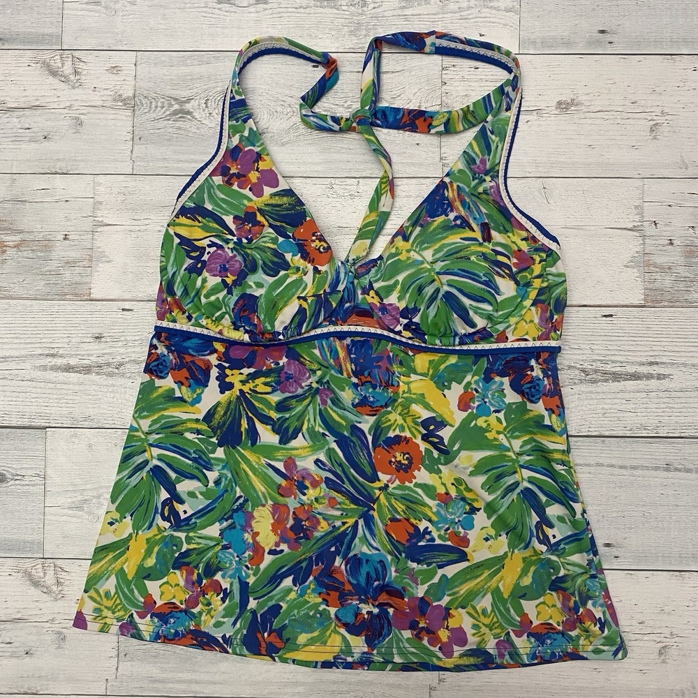 Lands End Tankini Top Womens 6 Multi Floral Tropical Halter Swimwear Vacation